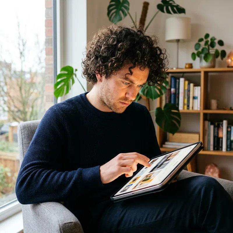 Caucasian Man with Curly Hair Engrossed in iPad | Advanced User Experience