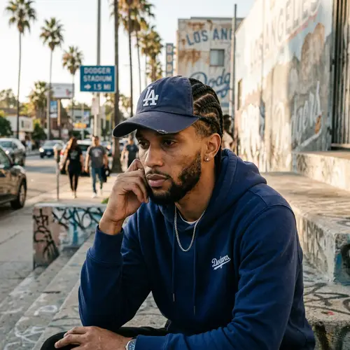 Stylish Black Man with Cornrows and Dodgers Hat