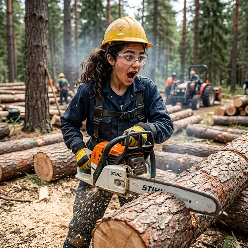 Brave Teen Girl Wielding a Chainsaw in the Woods