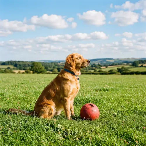 Golden Retriever Dog Sitting on Grass Field with Ball
