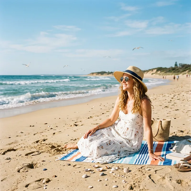 Graceful Woman Basking in the Sun at the Beach | Fashionable Summer Style