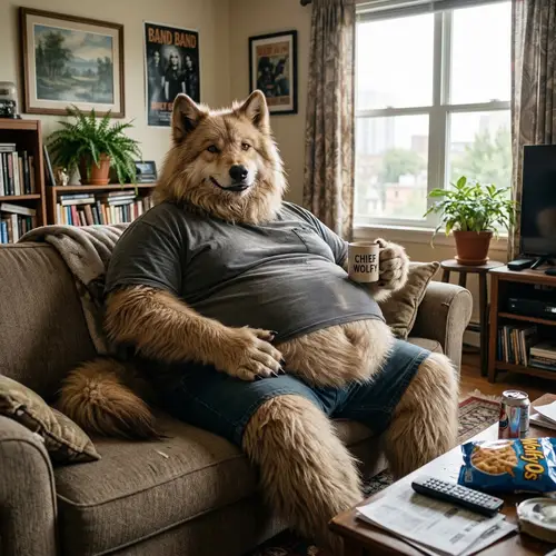 Obese Anthropomorphic Wolf in Apartment Scene