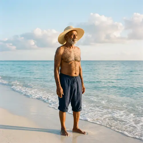 Shirtless Elderly Arab Man on Sandy Beach