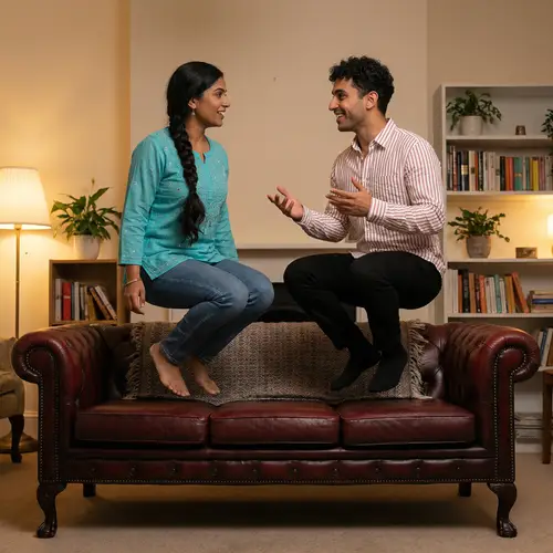 Friendly Interaction of Couple Floating Above Vintage-styled Couch