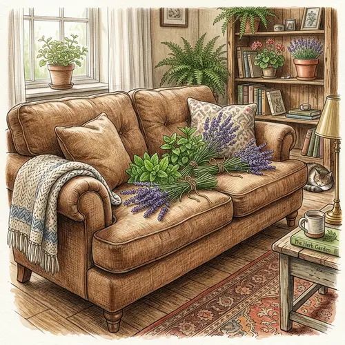 Fragrant Lavender and Mint Adorned Comfy Brown Sofa