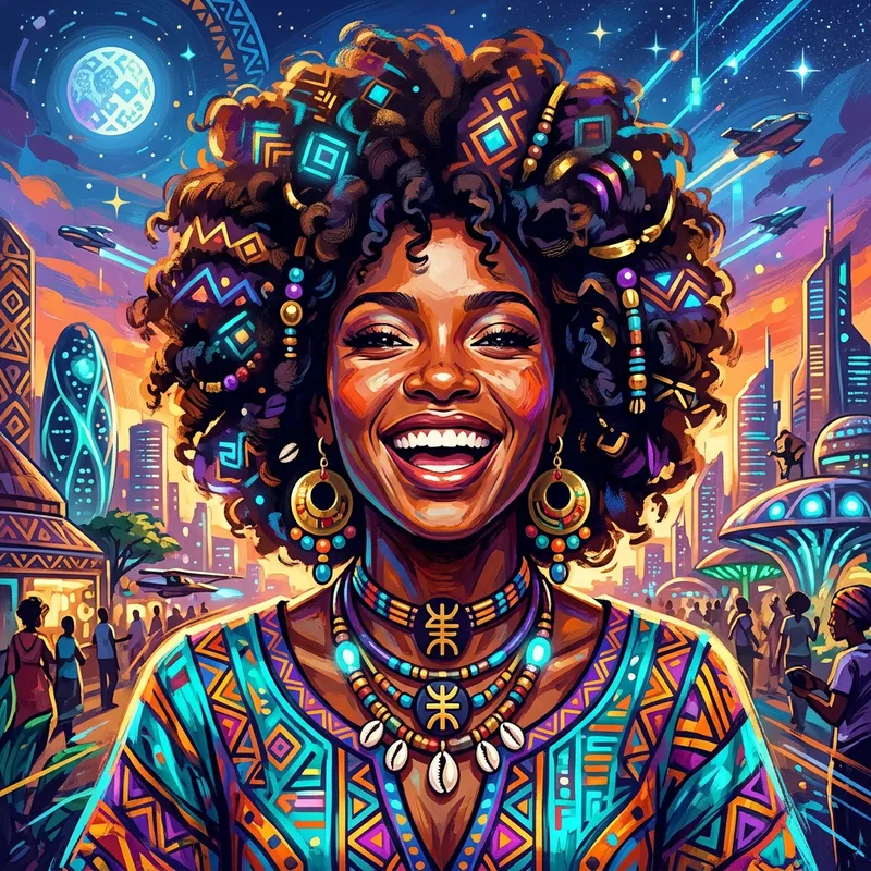 Joyful Afrofuturism-Inspired Woman | Vibrant Digital Artwork