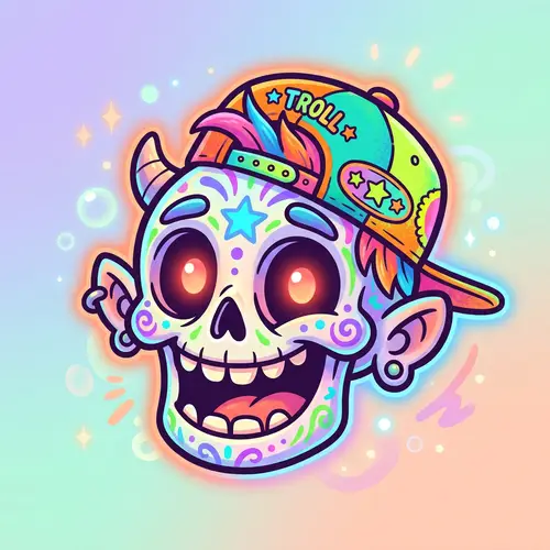 Cheerful Cartoon Troll Skull with Neon Glow
