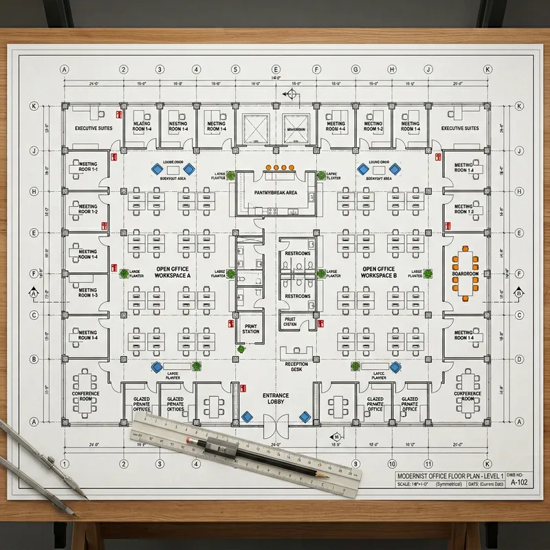Comprehensive Modernist Office Space Blueprint | Symmetrical Layout