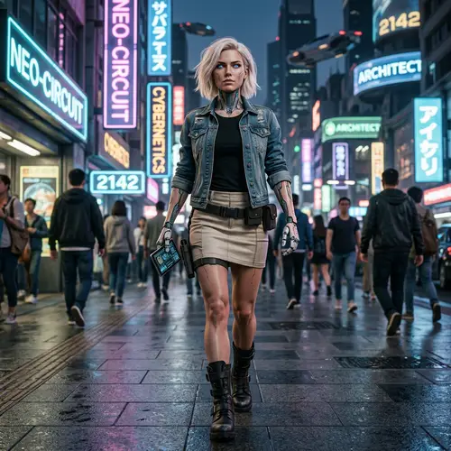 Futuristic Female Android in Denim Jacket & Miniskirt