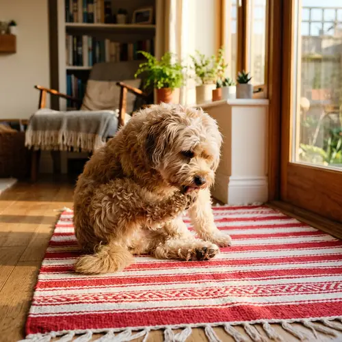 Fluffy Dog Grooming on Striped Rug