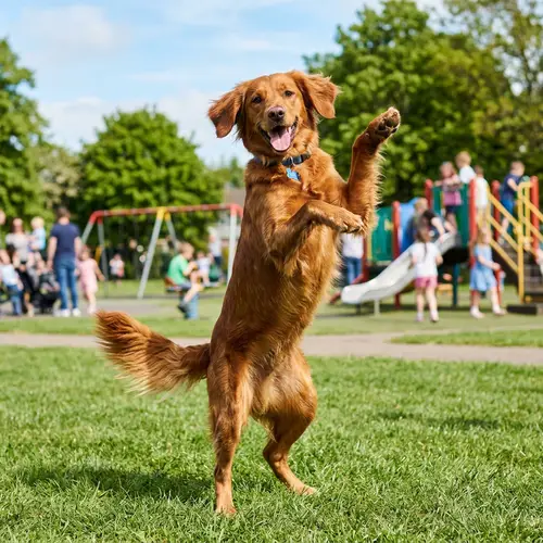 Joyful Medium-Sized Dog Dancing in Sunny Park