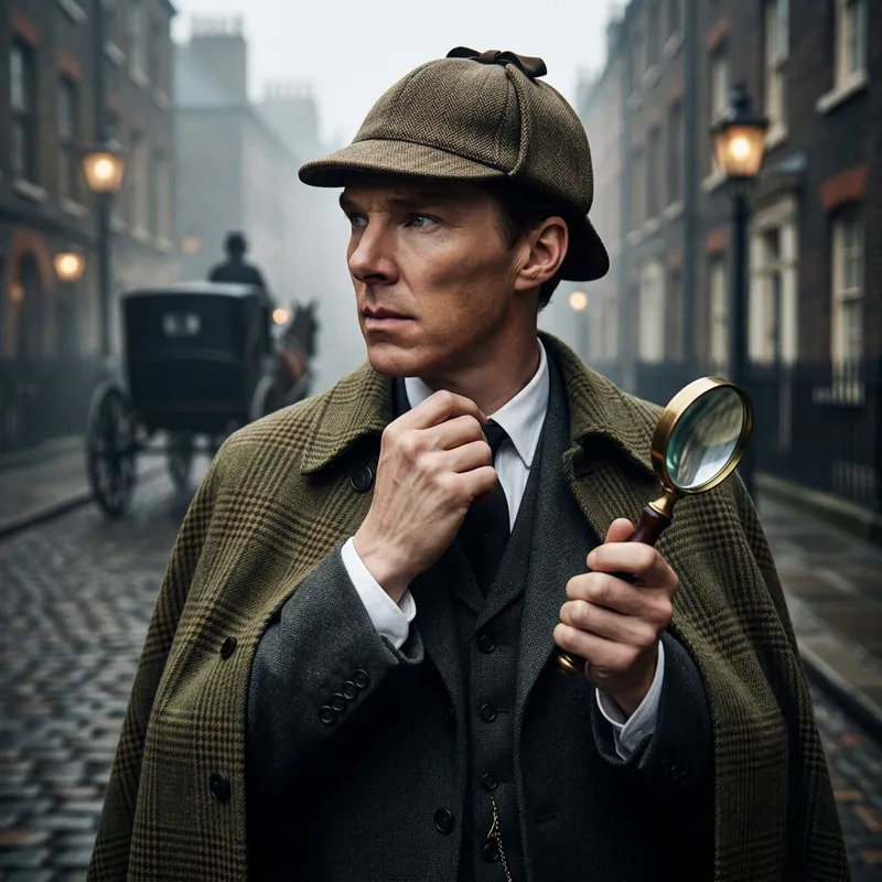 Male Detective in Vintage British Attire with Deerstalker Hat
