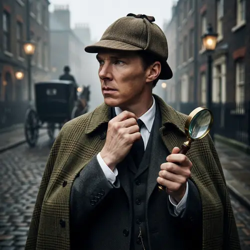 Male British Detective in Vintage Attire with Deerstalker Hat