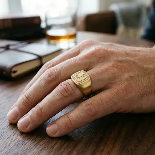 Elegant Men's Ring with J in Gold and Diamonds