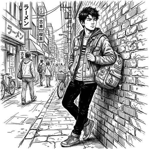 Realistic Black and White Line Art of Male Student