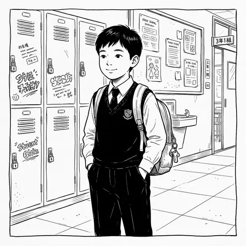 Charming Black and White Drawing of a Young Student
