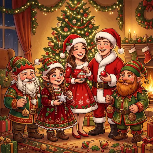 Festive Christmas Scene with Dwarves and Joyful Characters