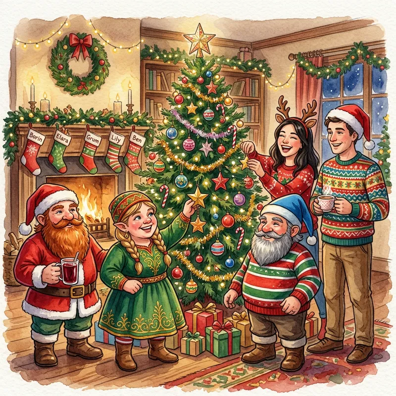 Whimsical Scene with Dwarves, Girl, and Men in a Christmas Celebration