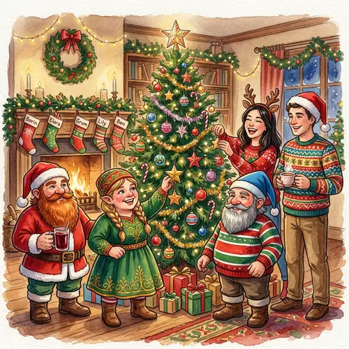 Festive Watercolor Painting of Dwarves and Humans Celebrating Christmas