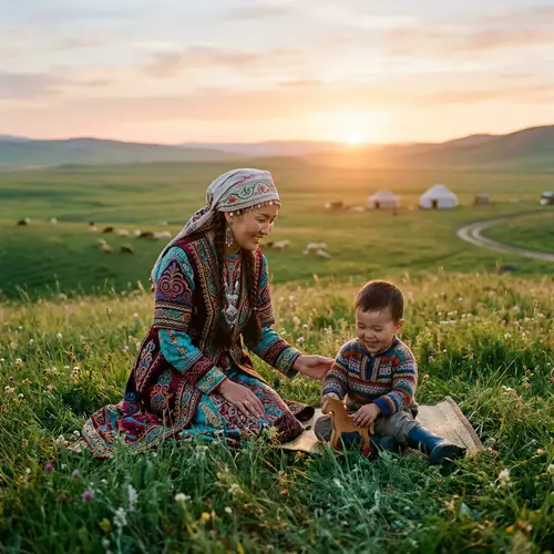 Kazakh Mother and Son on Lush Green Meadow