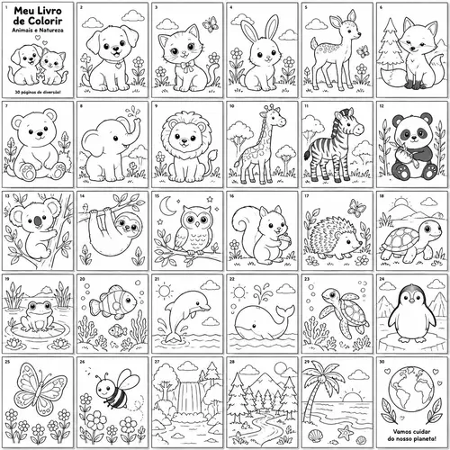 Cute Animal and Nature Coloring Book – 30 Pages