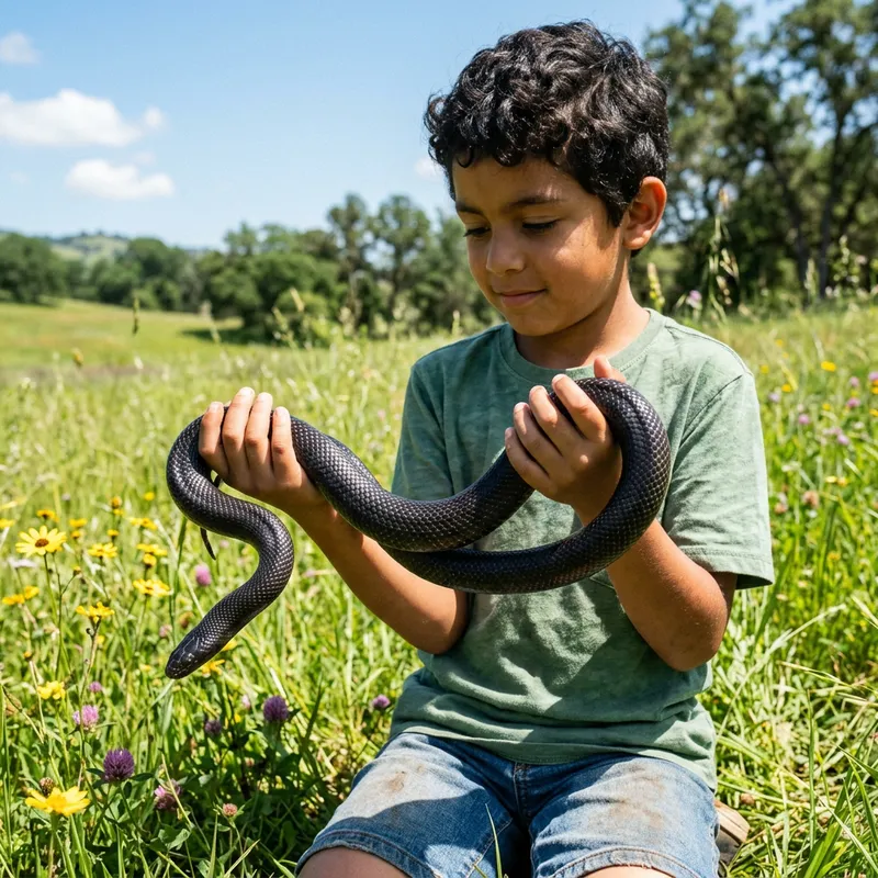 Boy with Black Snake in Green Meadow