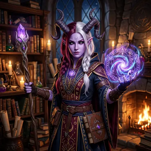 Female Light Purple Tiefling Wizard Artwork