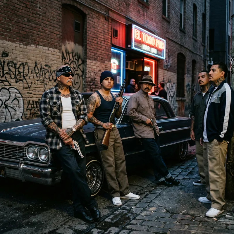 Mexican Gangsters with Flamboyant Weapons in Neon-Lit Alley