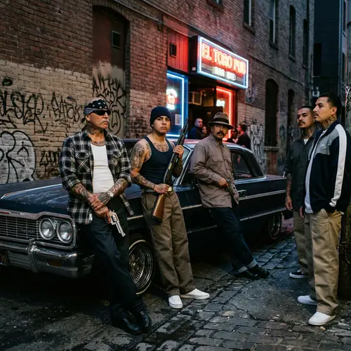Hispanic Gangsters with Weapons in Rustic Alley