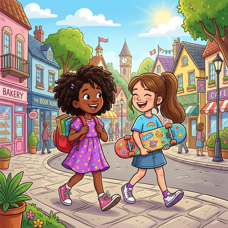 Diverse Cartoon Town Adventure with Two Young Girls