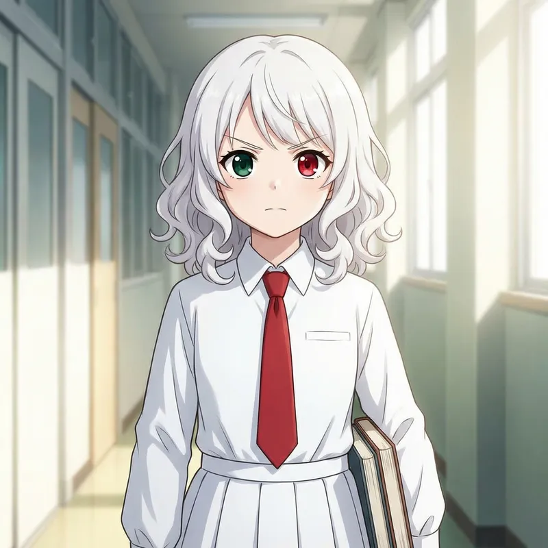 Heterochromia: Curly White Hair School Girl with Red Tie