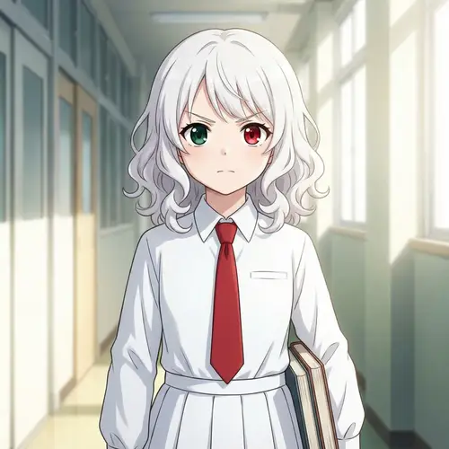 Curly White Hair & Heterochromia: Girl in White School Uniform