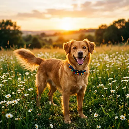 Cheerful Medium-Sized Dog with Lustrous Coat | Field of Daisies