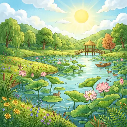Summer Solstice Scene with Green Lotus Leaves in a Pond