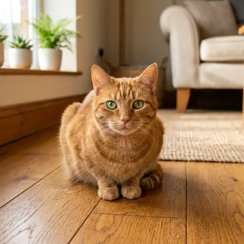 Comfortable Domestic Short-Haired Cat on Wooden Floor