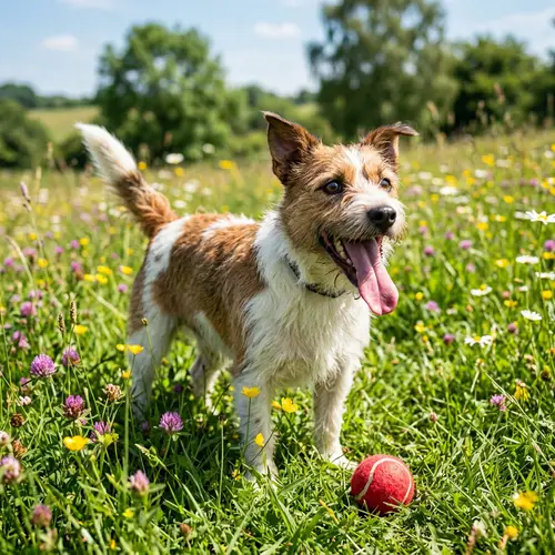 Excited Dog Playfully Wagging Tail in Lush Green Field