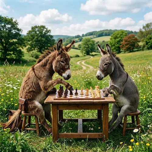 Scholarly Donkeys at Chess Table in Green Meadow