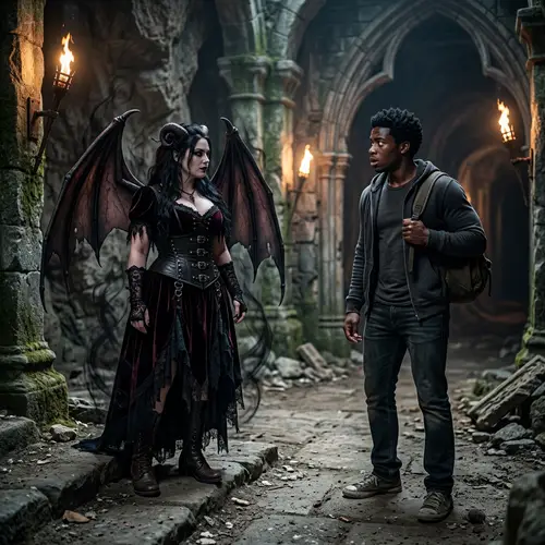Succubus and Fascinated Man in Gothic Setting