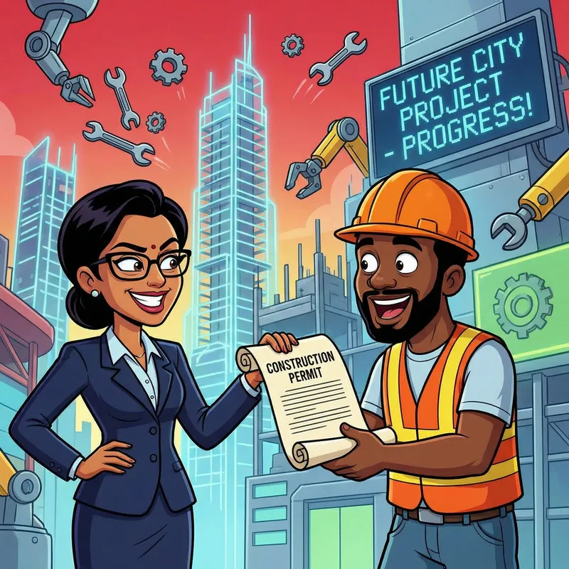 Exciting Futuristic Construction Site: Building Progress & Whimsy