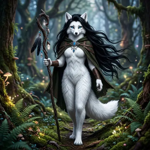 Mystical White Fox Figure with Jet-Black Mane