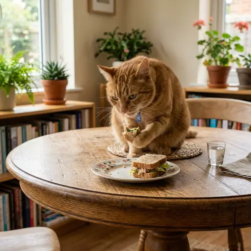Cat Eating Sandwich on Round Table