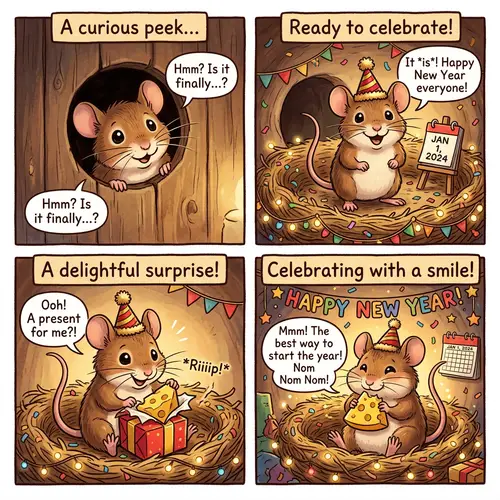 Adorable Mouse Celebrating New Year with Cheese-Shaped Present