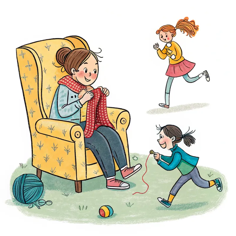 Colorful Watercolor Scene: Knitting and Playtime Colorful Watercolor Scene: Knitting and Playtime