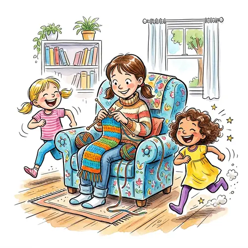 Colorful Watercolor Scene: Knitting and Playtime