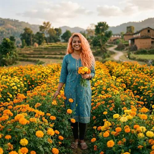 Serene South Asian Woman amidst Marigold Field