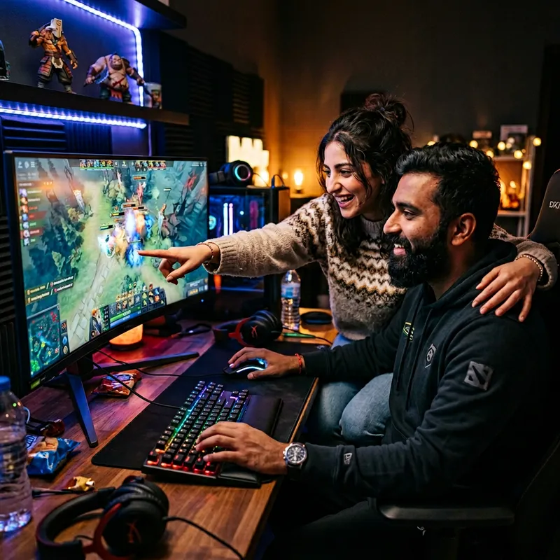 Couple Gaming Dota 2: Exciting Moment with Asian Man and Middle-Eastern Girlfriend