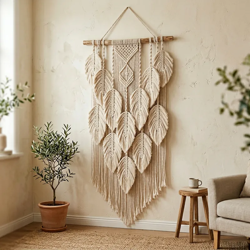 Feather Macrame Wall Hanging 74x190cm Beige Color Feather Macrame Wall Hanging 74x190cm Beige Color
