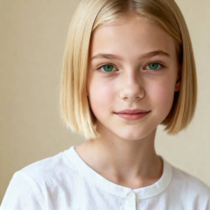 Teen Girl with Short Blond Hair and Green Eyes
