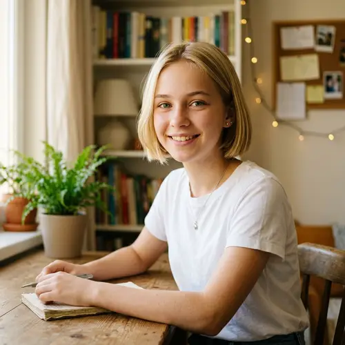 Teen Girl with Short Blond Hair and Green Eyes