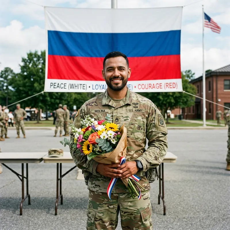 Soldier with Flowers | Russian Flag Background